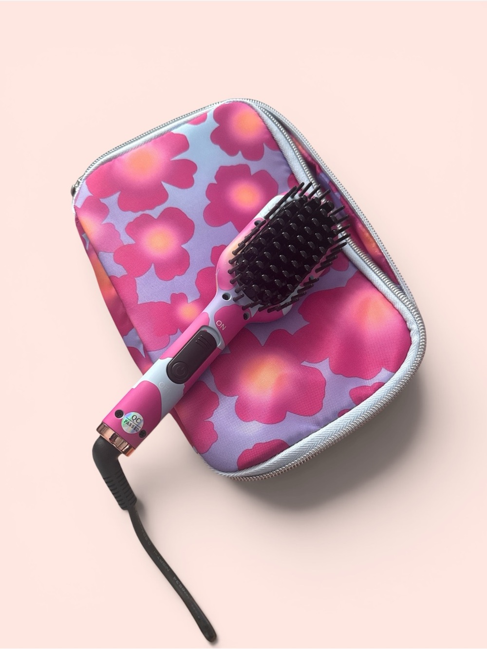 Pink Floral Electric Hair Brush + Matching Travel Case